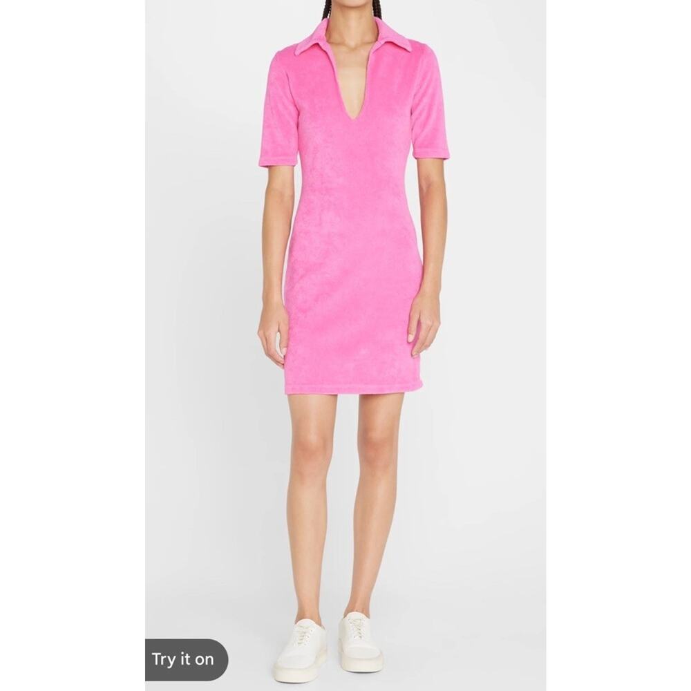Monrow Women's Terry Cloth Polo Mini Dress Hot Pink Sz S